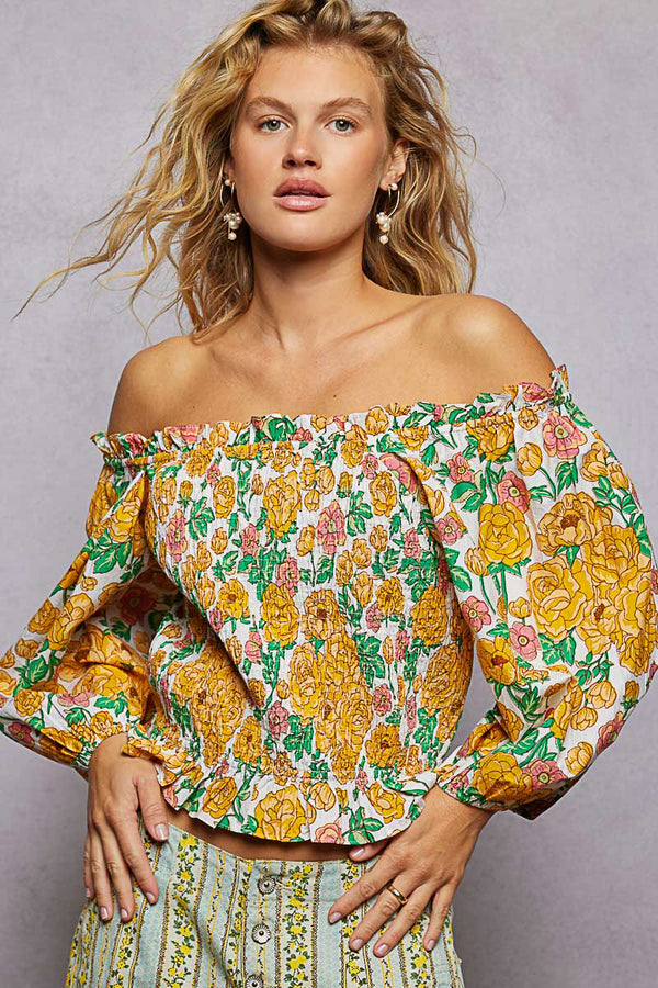 Womens Summer Blouse Top — Floral Off-Shoulder Smocked Cotton Blouse
