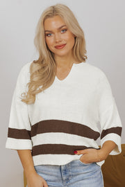 Cropped acrylic sweater in brown stripe with relaxed drape