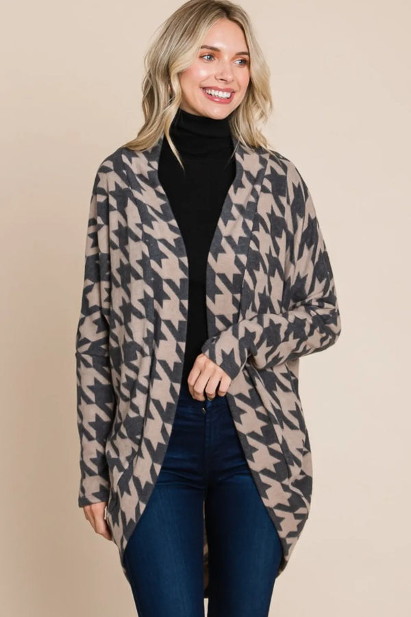 Houndstooth Open-Front Cocoon Knit Cardigan