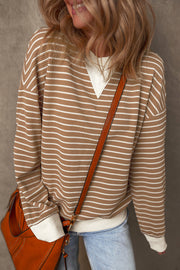 Khaki stripe pullover top with full-length sleeves and textured weave