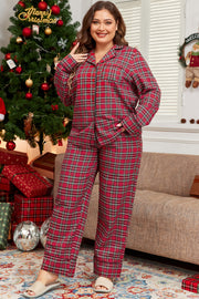 Red plaid plus size two-piece lounge set in wide leg silhouette