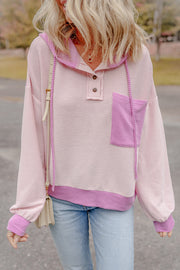 Casual colorblock hooded top with contrast patch panels