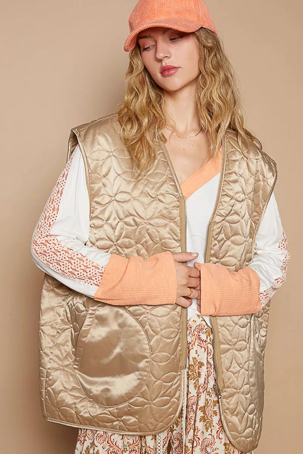 Floral Quilted Zip Vest with Front Pockets