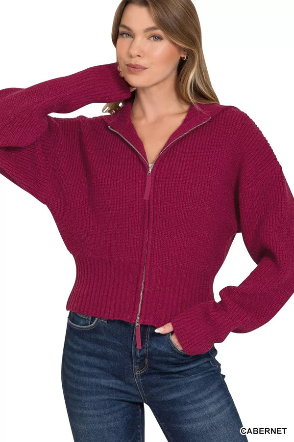 Ribbed Collared Zip-Up Cardigan Sweater