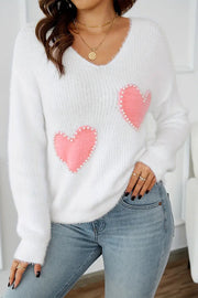 Pearl Beaded Heart Sweater showing soft fuzzy knit texture