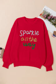 Racing Red tinsel crew neck sweater in sizes 1X to 4X