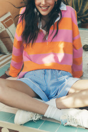 Yellow Stripe color block polo collar sweatshirt with crisp polo collar