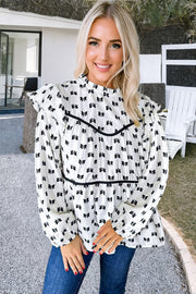 White Ruffle Neck Blouse with long puff sleeves
