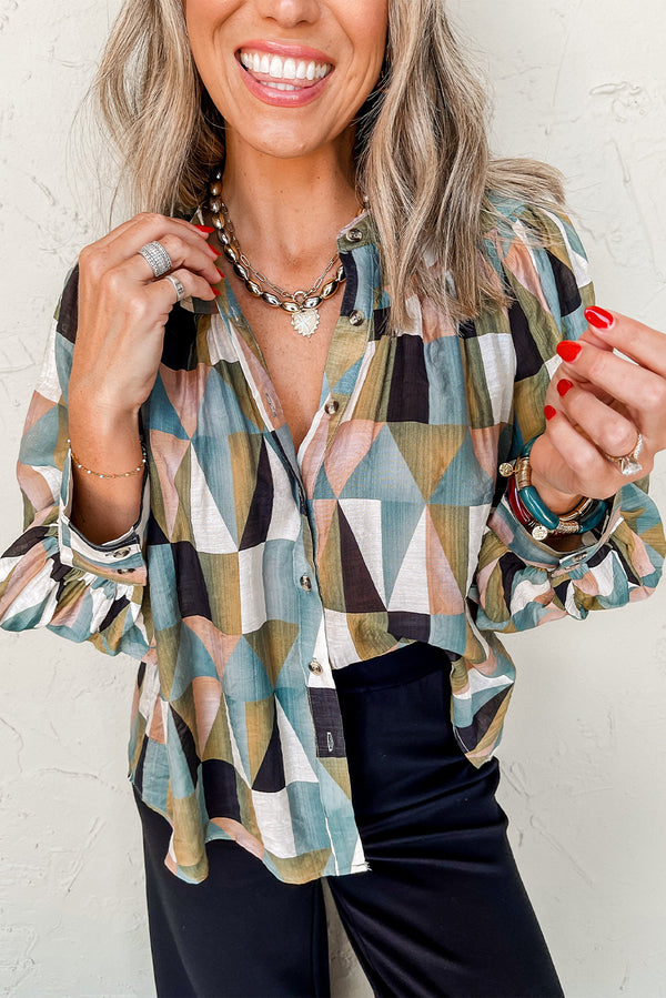Green Geometric Print Long Sleeve Shirt — Buttoned Balloon Sleeve Loose Fit Top