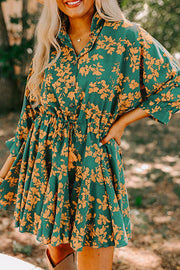 Green Floral Drawstring Tunic Mini Dress with flowy A-line silhouette