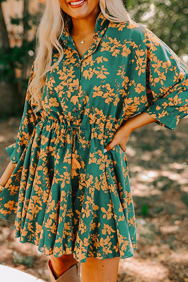 Green Floral Drawstring Tunic Flowy Mini Dress