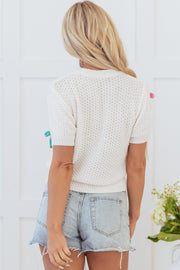 Short puff sleeve knit sweater in soft white acrylic