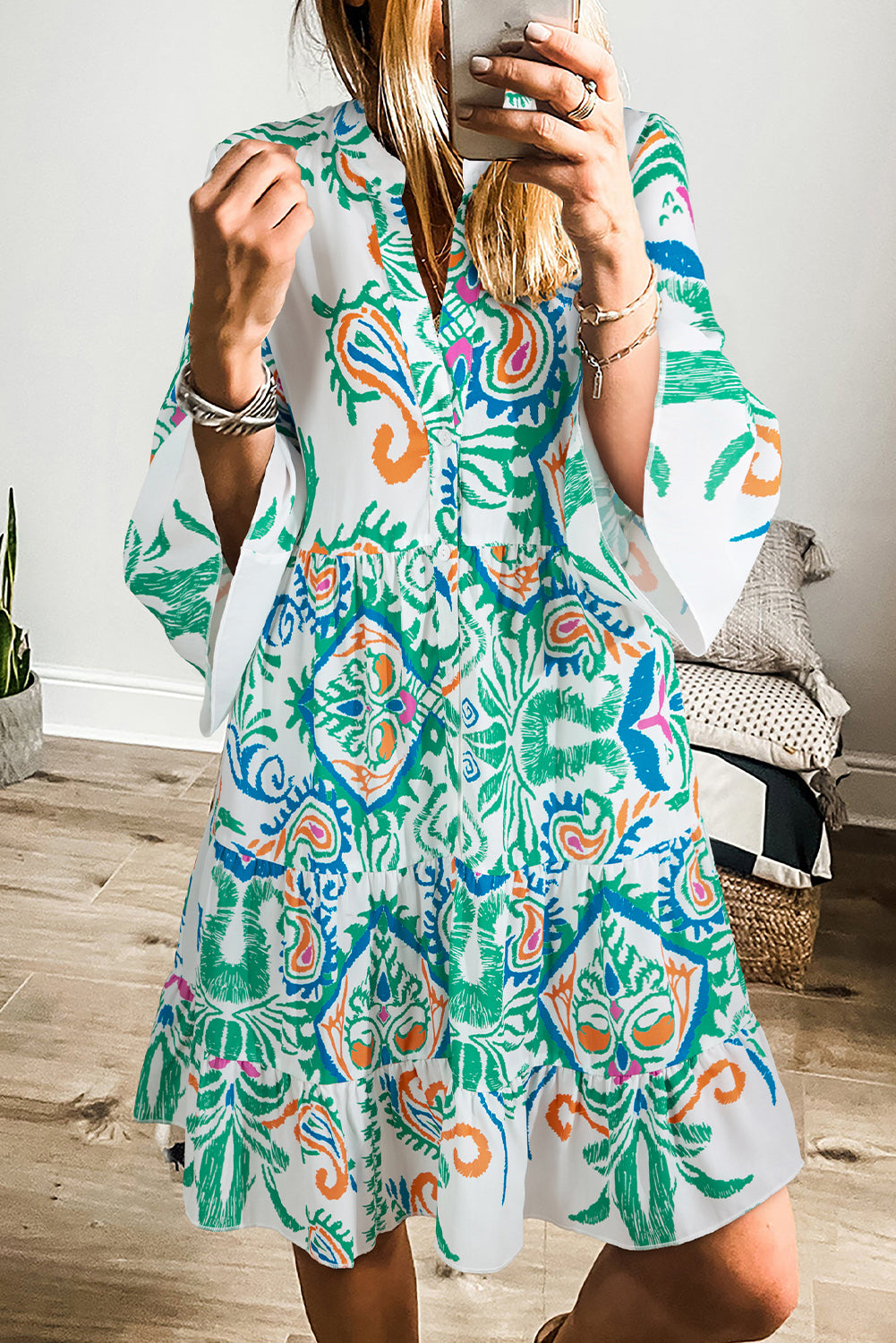 White Tribal Print Bracelet Sleeve Buttoned Mini Dress