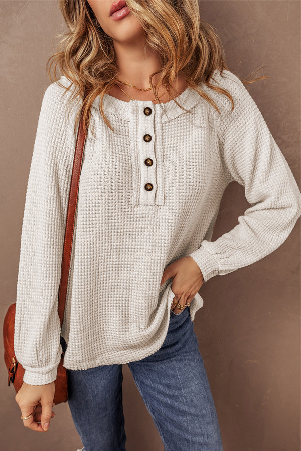 Oatmeal Waffle Knit Long Sleeve Button-Front Blouse