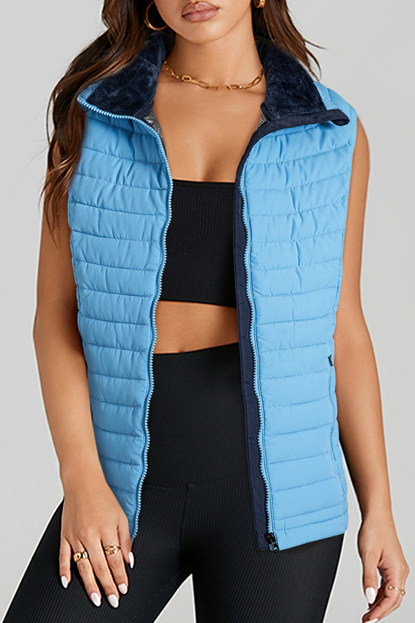 Sky Blue Quilted Puffer Vest with Plush Collar