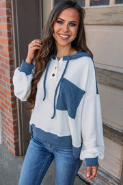 Colorblock patchwork hooded top with button front detail