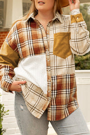 Golden apricot plaid patchwork shacket for fall and autumn