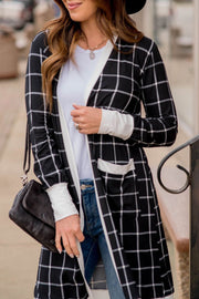 Black plaid open cardigan with contrast colorblock edge and front pockets
