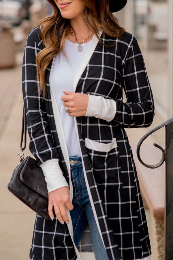 Black Plaid Colorblock Open-Front Cardigan with Pockets
