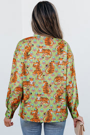 Collared V-neck long sleeve shirt in bold green print