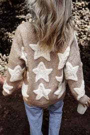 Star textured khaki cardigan with long sleeves and button-front closure