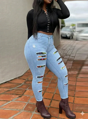 Soft polyester cotton blend high waist skinny jeans