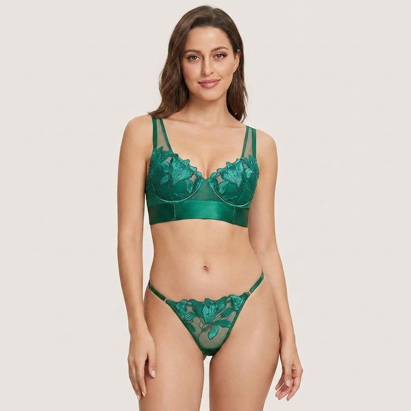 Sage Green Floral Lace Two-Piece Chiffon Slip Lingerie Set