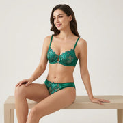 Women's Two-Piece Green Lace Lingerie Set with Floral Embroidery & Chiffon Slip - seated