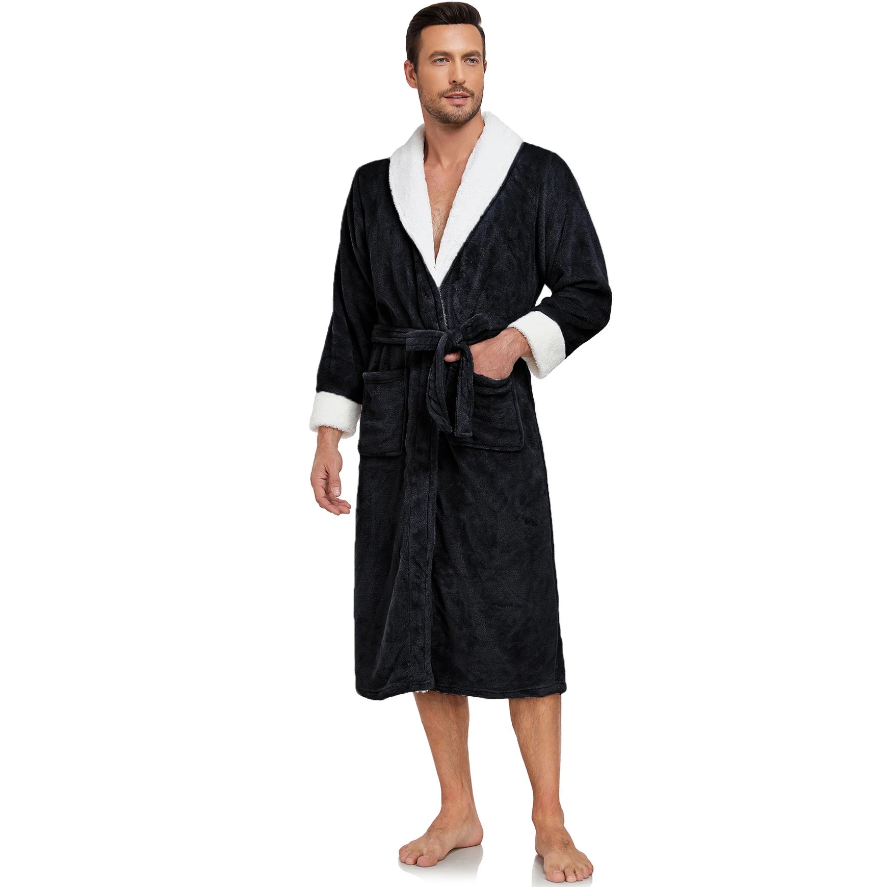 Bathrobe with Hood Soft Black Bathrobes Unisex Bathroom Pyjama Sleeping Robes Bath Robe for Men