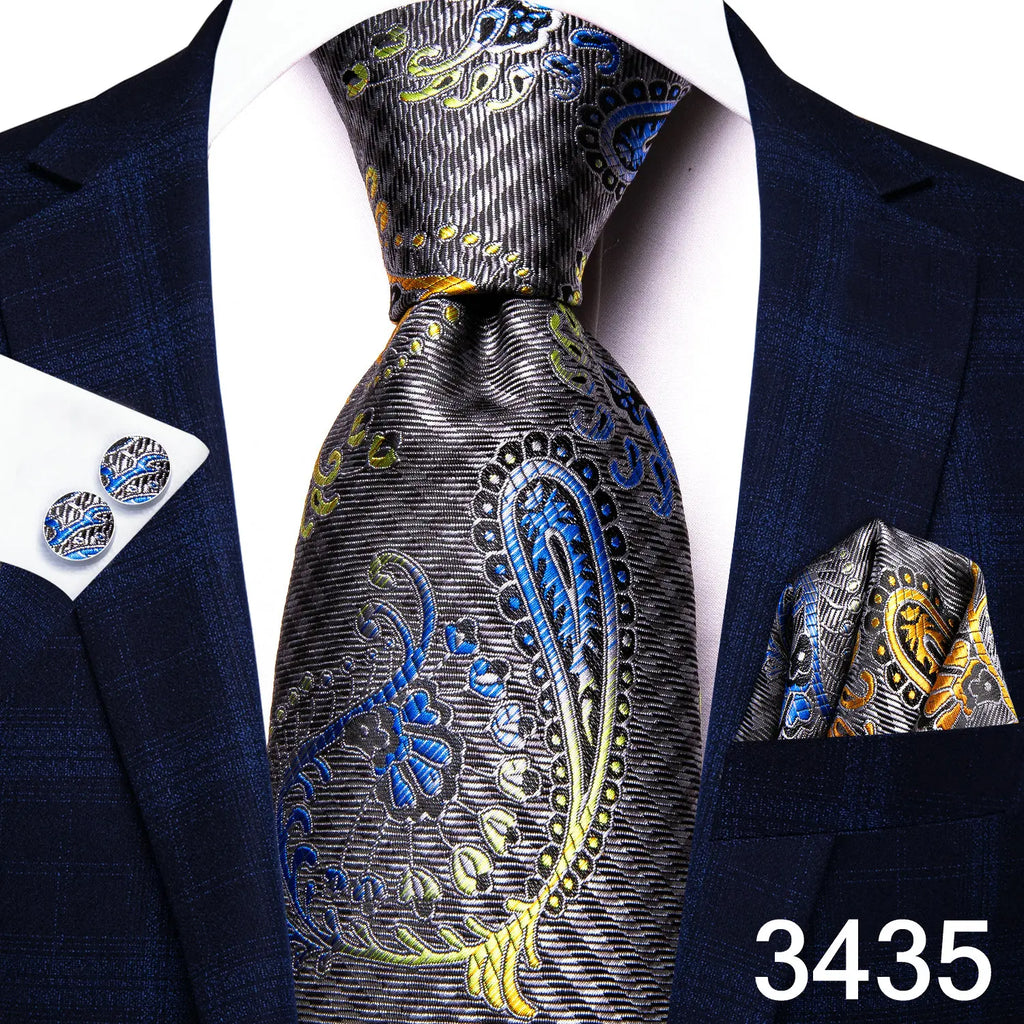 Free Shipping Business Design Jacquard Paisley Mens Silk Tie Gift Tie Cufflinks Hanky 3pc One Set