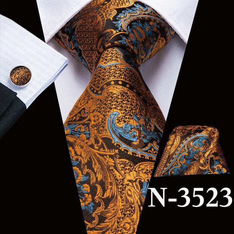 Free Shipping Business Design Jacquard Paisley Mens Silk Tie Gift Tie Cufflinks Hanky 3pc One Set