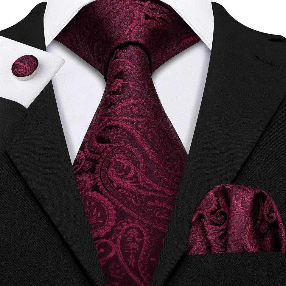 Free Shipping Business Design Jacquard Paisley Mens Silk Tie Gift Tie Cufflinks Hanky 3pc One Set