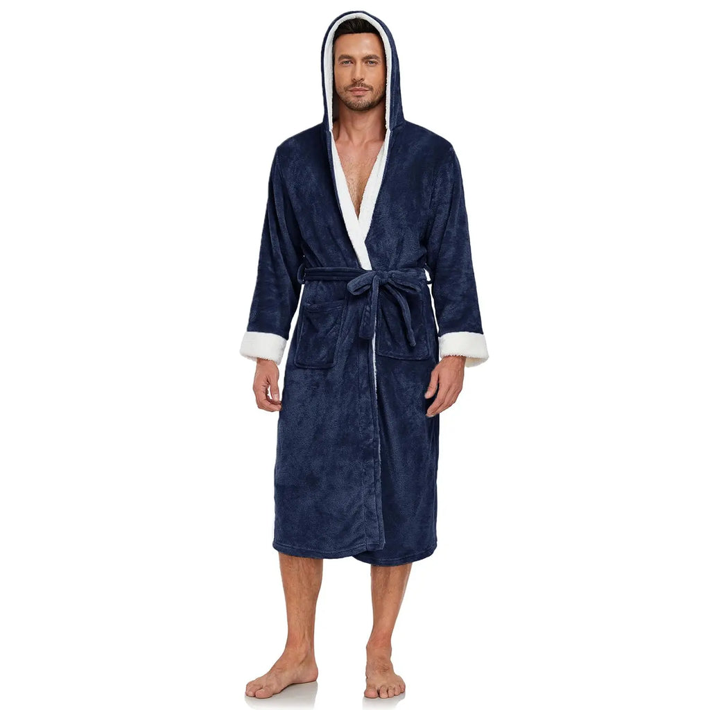 Bathrobe with Hood Soft Black Bathrobes Unisex Bathroom Pyjama Sleeping Robes Bath Robe for Men